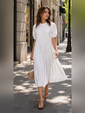 Women's White Pleated Midi Dress - Elegant Short Sleeve Sz M/L
